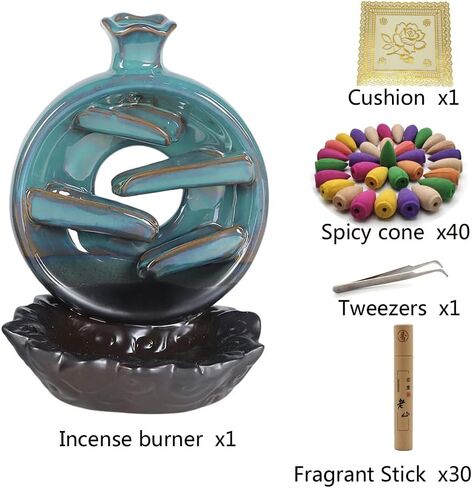 Backflow Incense Burner, Ceramic Waterfall Smoke Incense Holder with 40 Incense Cones+30 Incense Sticks+1 Tweezer+1 Mat, for Aromatherapy Meditation Home Decorations, Blue in Saudi Arabia