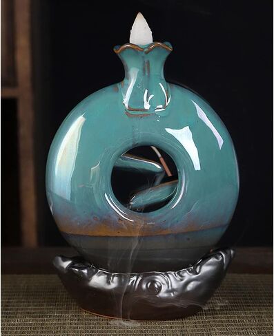 Backflow Incense Burner, Ceramic Waterfall Smoke Incense Holder with 40 Incense Cones+30 Incense Sticks+1 Tweezer+1 Mat, for Aromatherapy Meditation Home Decorations, Blue in Saudi Arabia