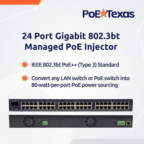 PoE Texas - 24 Port 802.3bt Managed PoE Injector - Network Power over Ethernet Gigabit Injector PoE Adapter with App & Web Control - 80 Watts Per Port for Smart Lighting, PTZ & NDI Cameras and More in Saudi Arabia