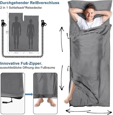 Sleeping Bag Liner, Updated Adult Sleep Sack & Travel Sheets with Foot Zipper, Lightweight and Portable Camping Sleeping Bag Liners - Ideal for Backpacking, Hostels and Camping in Saudi Arabia