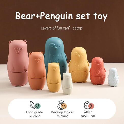 Nesting Dolls Toys Set, Silicone Matryoshka Nesting Cups for EasterToys, Montessori Educational Toy for Kids,Toddlers’ Birthday Classic Gift and Shower Gifts (Penguins & Bears) 8 PCS in Saudi Arabia