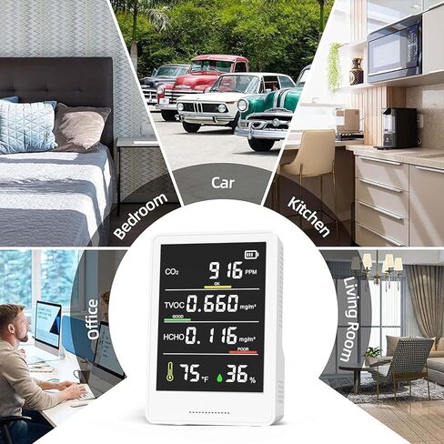 جهاز مراقبة جودة الهواء الداخلي 5 في 1، جهاز مراقبة احترافي لثاني أكسيد الكربون | درجة الحرارة | كاشف الفورمالديهايد | الرطوبة TVOC | جهاز اختبار جودة الهواء مع منبه للغرف والأقبية وخيم النمو، جهاز اختبار جودة الهواء، أبيض in Kuwait