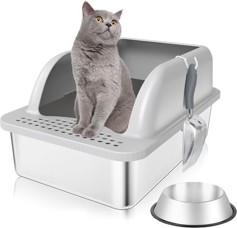 Stainless Steel Cat Litter Box, 17.7" x 13.8" x 8" Extra Large Stainless Steel Litter Box, XL Litter Boxes for Big Cats, Metal Litter Box with High Sides Odor Control Easy Clean in Saudi Arabia