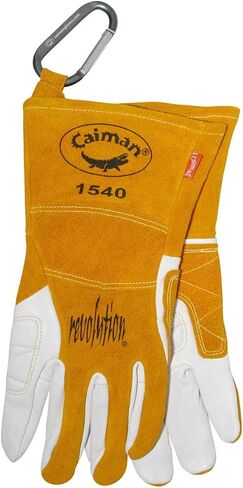 قفازات لحام Caiman Premium من حبوب الماعز TIG/متعددة المهام، ظهر من جلد البقر المقسم، سوار معصم كونتور 4 بوصة، غير مبطن، مخيط كيفلار، أبيض/ذهبي، متوسط ​​(1540-4) in Kuwait