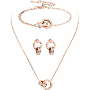 Dainty Necklace Bracelet Earrings Set for Women Gold Silver Rose Gold Diamond Interlocking Circle Jewelry Set for Sister Mom Gift in Kuwait