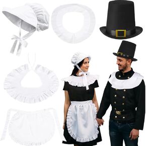 5 Pcs Halloween Women Colonial Costume Set White Bonnet Shawl Apron and Men Pilgrim Costume Set Hat in Black Color Shawl for Halloween Cosplay Adults Dress up Accessories in Kuwait