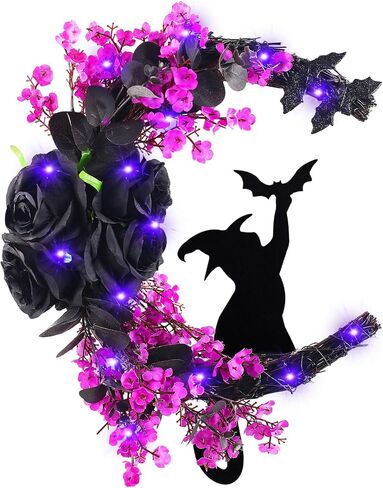 Halloween Wreaths Moon Black Cat Wreath for Front Door with Bat, Rose Flower, 14 Inch Crescent Moon Wreath, Spooky Hanging Door Sign Garland, Gothic Decor for Indoor Outdoor Wall Window Home Party in Saudi Arabia