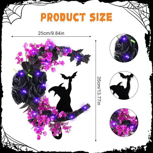 Halloween Wreaths Moon Black Cat Wreath for Front Door with Bat, Rose Flower, 14 Inch Crescent Moon Wreath, Spooky Hanging Door Sign Garland, Gothic Decor for Indoor Outdoor Wall Window Home Party in Saudi Arabia