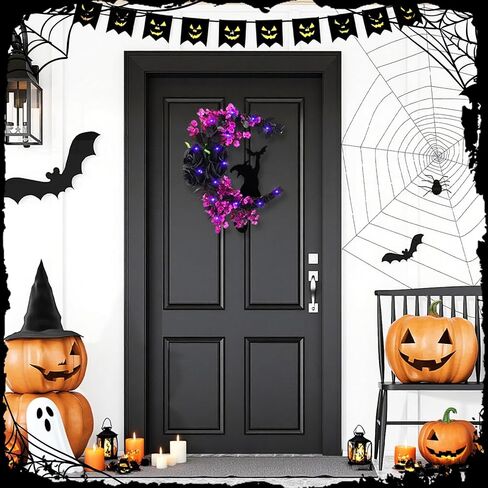 Halloween Wreaths Moon Black Cat Wreath for Front Door with Bat, Rose Flower, 14 Inch Crescent Moon Wreath, Spooky Hanging Door Sign Garland, Gothic Decor for Indoor Outdoor Wall Window Home Party in Saudi Arabia
