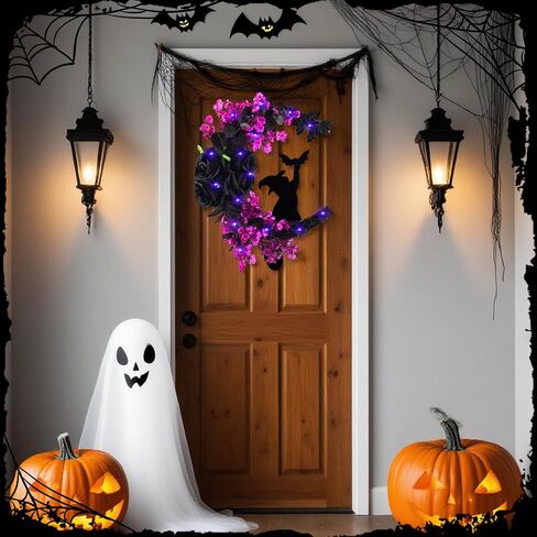 Halloween Wreaths Moon Black Cat Wreath for Front Door with Bat, Rose Flower, 14 Inch Crescent Moon Wreath, Spooky Hanging Door Sign Garland, Gothic Decor for Indoor Outdoor Wall Window Home Party in Saudi Arabia
