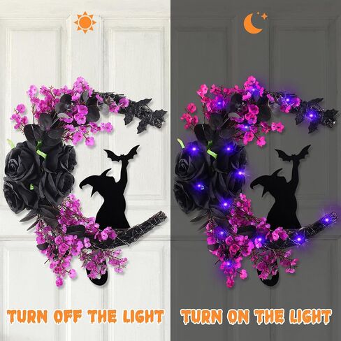 Halloween Wreaths Moon Black Cat Wreath for Front Door with Bat, Rose Flower, 14 Inch Crescent Moon Wreath, Spooky Hanging Door Sign Garland, Gothic Decor for Indoor Outdoor Wall Window Home Party in Saudi Arabia