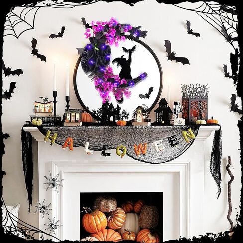 Halloween Wreaths Moon Black Cat Wreath for Front Door with Bat, Rose Flower, 14 Inch Crescent Moon Wreath, Spooky Hanging Door Sign Garland, Gothic Decor for Indoor Outdoor Wall Window Home Party in Saudi Arabia