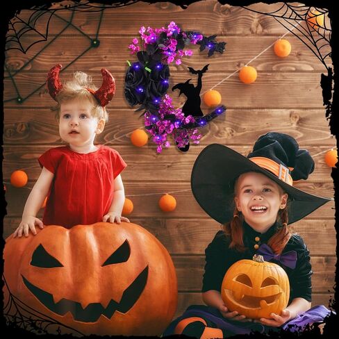 Halloween Wreaths Moon Black Cat Wreath for Front Door with Bat, Rose Flower, 14 Inch Crescent Moon Wreath, Spooky Hanging Door Sign Garland, Gothic Decor for Indoor Outdoor Wall Window Home Party in Saudi Arabia