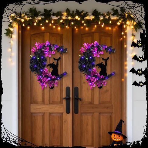 Halloween Wreaths Moon Black Cat Wreath for Front Door with Bat, Rose Flower, 14 Inch Crescent Moon Wreath, Spooky Hanging Door Sign Garland, Gothic Decor for Indoor Outdoor Wall Window Home Party in Saudi Arabia