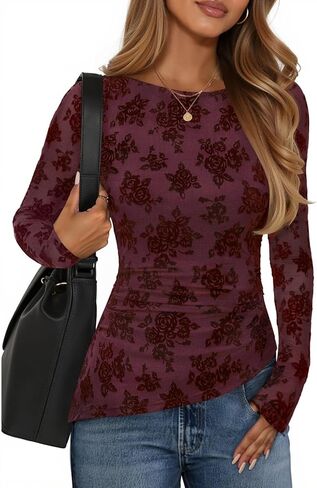 ZESICA Womens Floral Long Sleeve Shirts 2025 Fall Boat Neck Mesh Ruched Tops Fitted Asymmetrical Going Out Blouses in Saudi Arabia