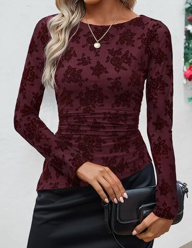 ZESICA Womens Floral Long Sleeve Shirts 2025 Fall Boat Neck Mesh Ruched Tops Fitted Asymmetrical Going Out Blouses in Saudi Arabia