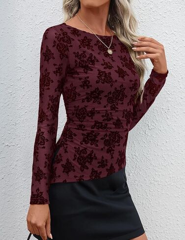 ZESICA Womens Floral Long Sleeve Shirts 2025 Fall Boat Neck Mesh Ruched Tops Fitted Asymmetrical Going Out Blouses in Saudi Arabia