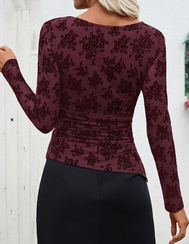 ZESICA Womens Floral Long Sleeve Shirts 2025 Fall Boat Neck Mesh Ruched Tops Fitted Asymmetrical Going Out Blouses in Saudi Arabia