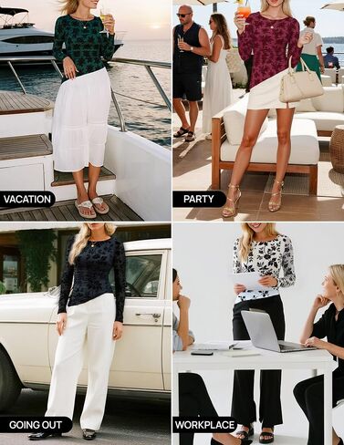 ZESICA Womens Floral Long Sleeve Shirts 2025 Fall Boat Neck Mesh Ruched Tops Fitted Asymmetrical Going Out Blouses in Saudi Arabia
