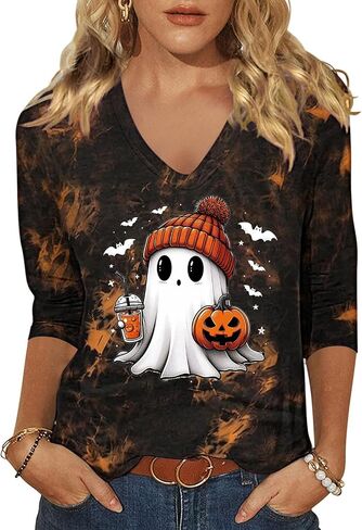 Womens Halloween 3/4 Sleeve V Neck Shirts Fall Halloween Funny Skull Graphic Length Sleeve Top Spooky Season Tees in Saudi Arabia