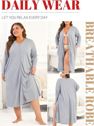 Hellomamma Womens Zipper Waffle Rets: بالإضافة إلى حجم طويل الأكمام رداء رداء خفيفة الوزن حمام صالة لوجود الأمومة بعد الولادة in Kuwait