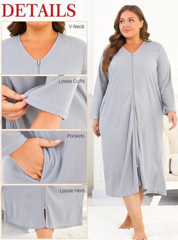 Hellomamma Womens Zipper Waffle Rets: بالإضافة إلى حجم طويل الأكمام رداء رداء خفيفة الوزن حمام صالة لوجود الأمومة بعد الولادة in Kuwait