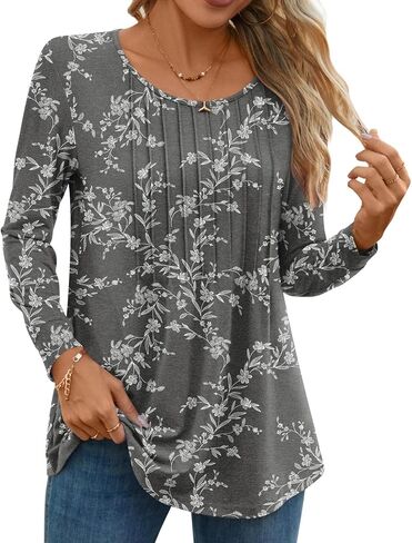 Anyhold Women's Fall Long Sleeve Tunic Tops Dressy Casual Shirts Crew Neck T-Shirt Pleated Business Blouses in Kuwait