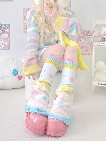 تدفئة ساق النساء النجمة مخطط نمط النجوم المحبوك y2k punk اليابانية kawaii الشارع الشارع هاراجوكو ركبة الجوارب الساق العالية in Kuwait