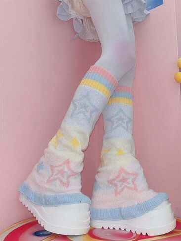 تدفئة ساق النساء النجمة مخطط نمط النجوم المحبوك y2k punk اليابانية kawaii الشارع الشارع هاراجوكو ركبة الجوارب الساق العالية in Kuwait