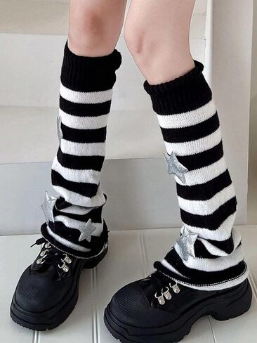 تدفئة ساق النساء النجمة مخطط نمط النجوم المحبوك y2k punk اليابانية kawaii الشارع الشارع هاراجوكو ركبة الجوارب الساق العالية in Kuwait