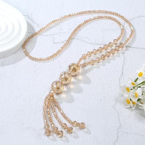Boho Long Chic Tassel Pendant Necklace for Women Big Crystal Ball Pendant Y Necklace Hand Knotted Beaded Strands Fashion Lariat Jewelry Sweater Chain Jewelry Gift in Saudi Arabia