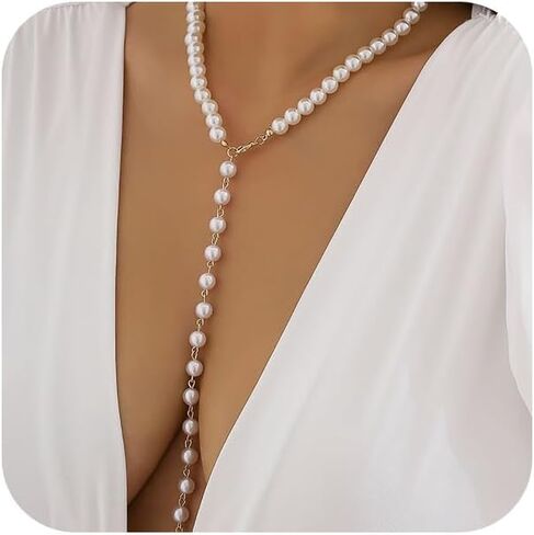 Vintage Long Beaded Pearl Chain Lariat Y Necklace for Women Y2K Simple Statement Gold Beads Tassel Necklaces Boho Prom Party Jewelry Accessories Gift in Saudi Arabia