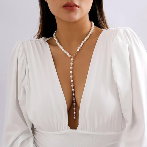 Vintage Long Beaded Pearl Chain Lariat Y Necklace for Women Y2K Simple Statement Gold Beads Tassel Necklaces Boho Prom Party Jewelry Accessories Gift in Saudi Arabia