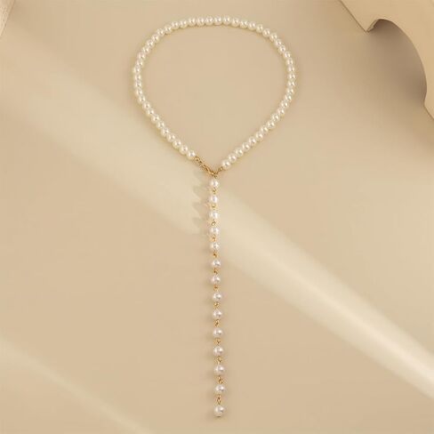 Vintage Long Beaded Pearl Chain Lariat Y Necklace for Women Y2K Simple Statement Gold Beads Tassel Necklaces Boho Prom Party Jewelry Accessories Gift in Saudi Arabia