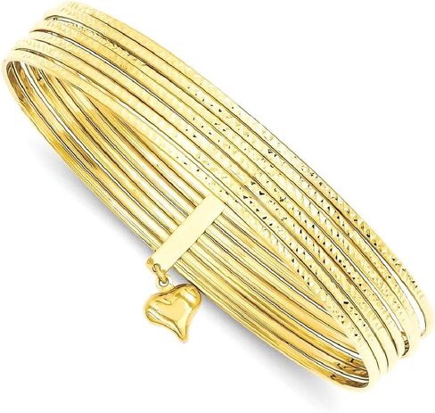 IceCarats 14K Solid Yellow Gold Dangling Heart Love Set of 7 Slip On Bangle Bracelet in Saudi Arabia