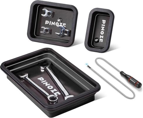 صواني تنظيم الأجزاء المغناطيسية القابلة للطي وأداة التقاط مغناطيسية مرنة مقاس 12 بوصة، 3 صواني أدوات مغناطيسية مختلفة الحجم ومكنسة التقاط للبراغي والمسامير والصواميل والغسالات والدبابيس والأجزاء المعدنية الأخرى in Kuwait