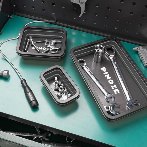 صواني تنظيم الأجزاء المغناطيسية القابلة للطي وأداة التقاط مغناطيسية مرنة مقاس 12 بوصة، 3 صواني أدوات مغناطيسية مختلفة الحجم ومكنسة التقاط للبراغي والمسامير والصواميل والغسالات والدبابيس والأجزاء المعدنية الأخرى in Kuwait