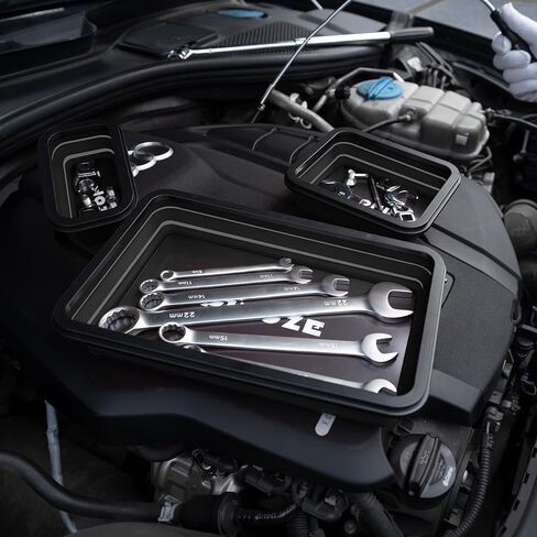 صواني تنظيم الأجزاء المغناطيسية القابلة للطي وأداة التقاط مغناطيسية مرنة مقاس 12 بوصة، 3 صواني أدوات مغناطيسية مختلفة الحجم ومكنسة التقاط للبراغي والمسامير والصواميل والغسالات والدبابيس والأجزاء المعدنية الأخرى in Kuwait