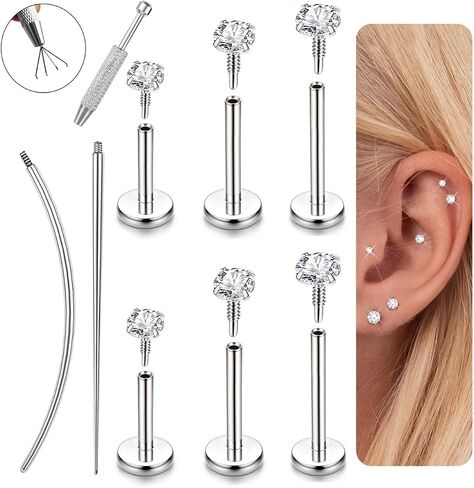 Flat Back Stud Earrings - 14K Gold Plated Internal Thread Stud 18G 16G Piercing Jewelry for Tragus Helix Cartilage Hypoallergenic Surgical Steel Conch Nose Gold Silver Lip Labret Medusa Piercing Jewelry for Women Men in Saudi Arabia
