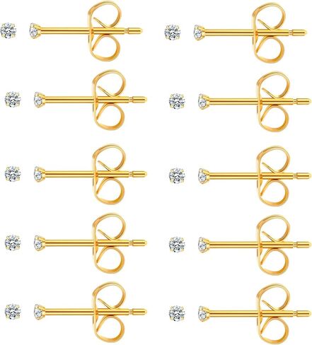 10 Pairs 2MM Surgical Steel Small Stud Earrings, Hypoallergenic 14K Gold Plated Tiny Cubic Zirconia Stud Earrings Set for Cartilage Helix Multiple Hole Piercing in Saudi Arabia