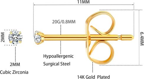 10 Pairs 2MM Surgical Steel Small Stud Earrings, Hypoallergenic 14K Gold Plated Tiny Cubic Zirconia Stud Earrings Set for Cartilage Helix Multiple Hole Piercing in Saudi Arabia