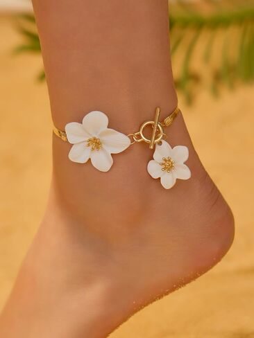 1 PC Gold White Flower Anklets for Women, Elegant White Double Flower Anklet with Gold Accents, Delicate Beach Jewelry for Women in Saudi Arabia