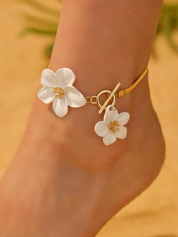 1 PC Gold White Flower Anklets for Women, Elegant White Double Flower Anklet with Gold Accents, Delicate Beach Jewelry for Women in Saudi Arabia