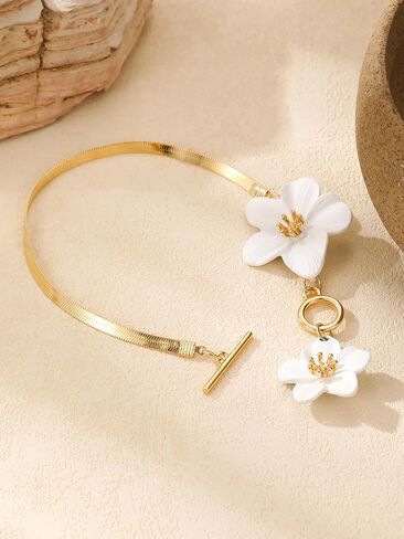 1 PC Gold White Flower Anklets for Women, Elegant White Double Flower Anklet with Gold Accents, Delicate Beach Jewelry for Women in Saudi Arabia