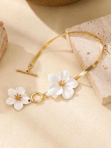 1 PC Gold White Flower Anklets for Women, Elegant White Double Flower Anklet with Gold Accents, Delicate Beach Jewelry for Women in Saudi Arabia