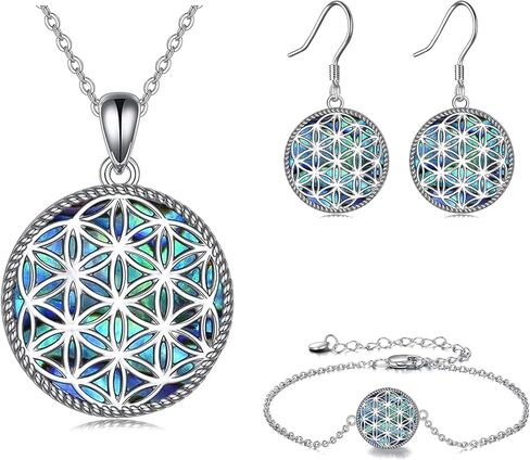 YAFEINI Flower of Life Necklace Earrings and Bracelet Sets 925 Sterling Silver Abalone Shell Flower of Life Pendant Jewelry for Women in Saudi Arabia