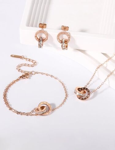 Dainty Necklace Bracelet Earrings Set for Women Gold Silver Rose Gold Diamond Interlocking Circle Jewelry Set for Sister Mom Gift in Kuwait