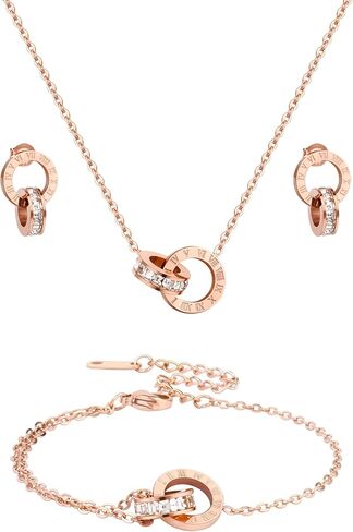 Dainty Necklace Bracelet Earrings Set for Women Gold Silver Rose Gold Diamond Interlocking Circle Jewelry Set for Sister Mom Gift in Kuwait