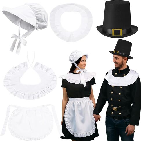 5 Pcs Halloween Women Colonial Costume Set White Bonnet Shawl Apron and Men Pilgrim Costume Set Hat in Black Color Shawl for Halloween Cosplay Adults Dress up Accessories in Saudi Arabia