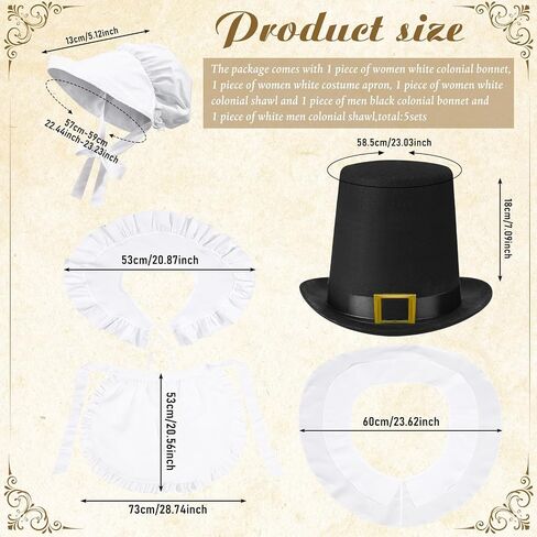 5 Pcs Halloween Women Colonial Costume Set White Bonnet Shawl Apron and Men Pilgrim Costume Set Hat in Black Color Shawl for Halloween Cosplay Adults Dress up Accessories in Saudi Arabia